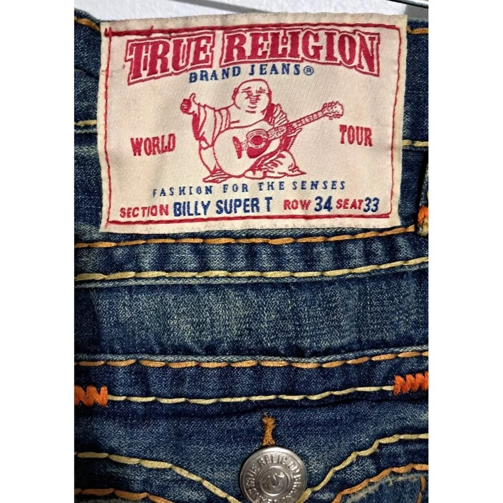 True Religion Billy Super T Jeans Mens 34 READ World Tour Patch Orange Yellow St
